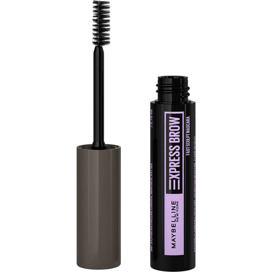 Maybelline Brow Fast Sculpt front packaging shows compact eyebrow mascara, easy travel use