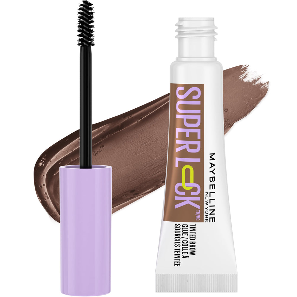 Maybelline Super Lock Brow Glue front packaging showing product and shade