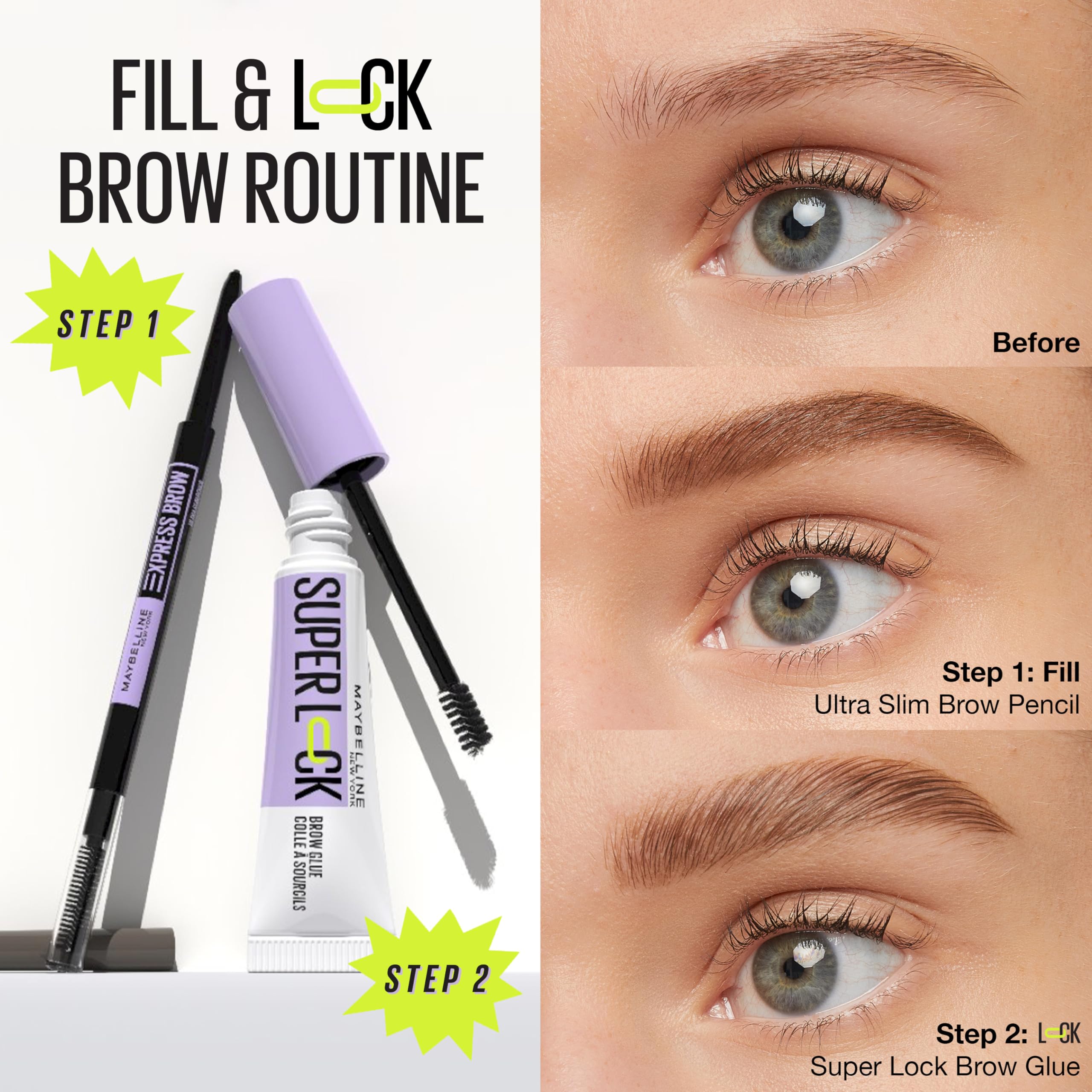 Packaging label detail of Maybelline Super Lock Brow Glue showing vegan claim