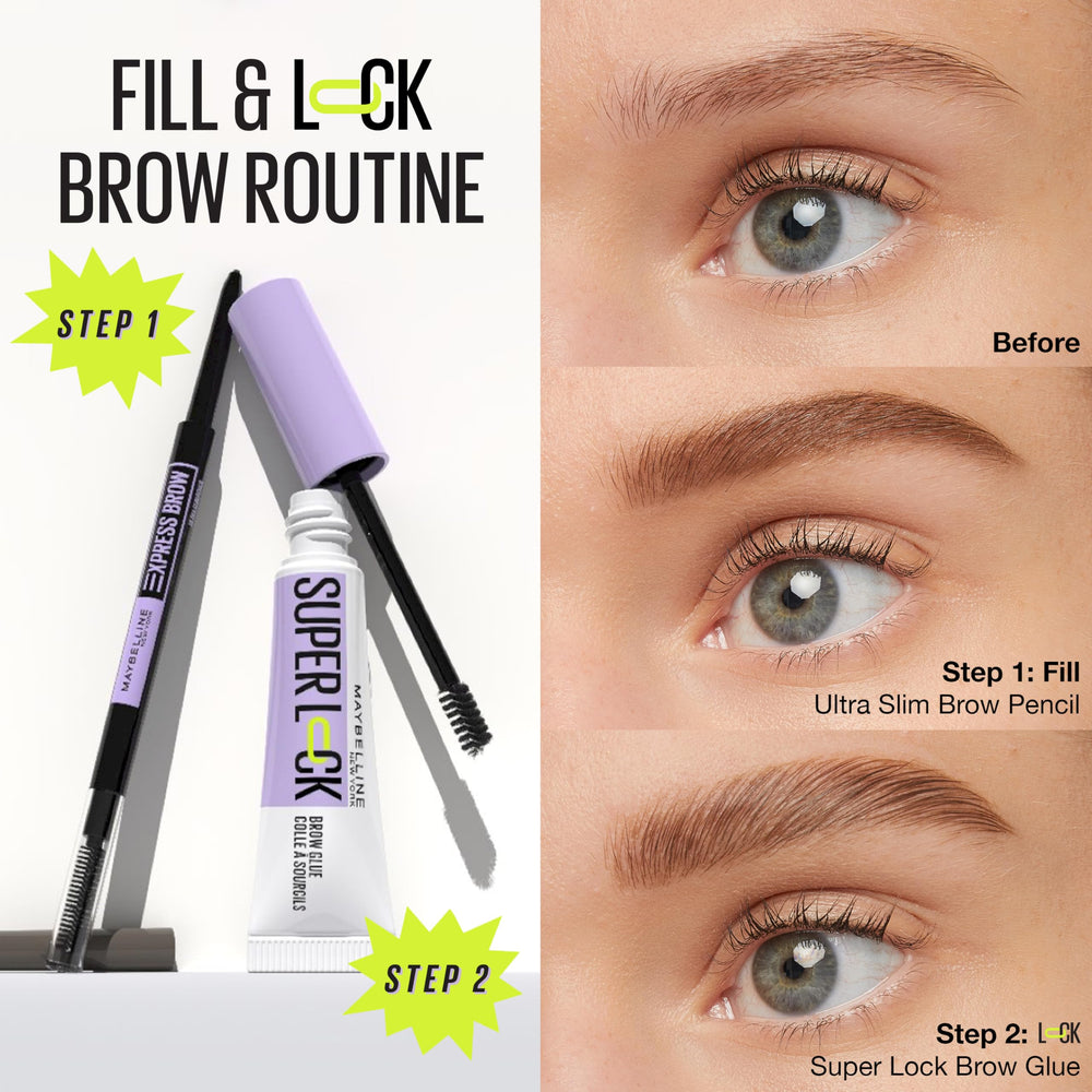 Packaging label detail of Maybelline Super Lock Brow Glue showing vegan claim