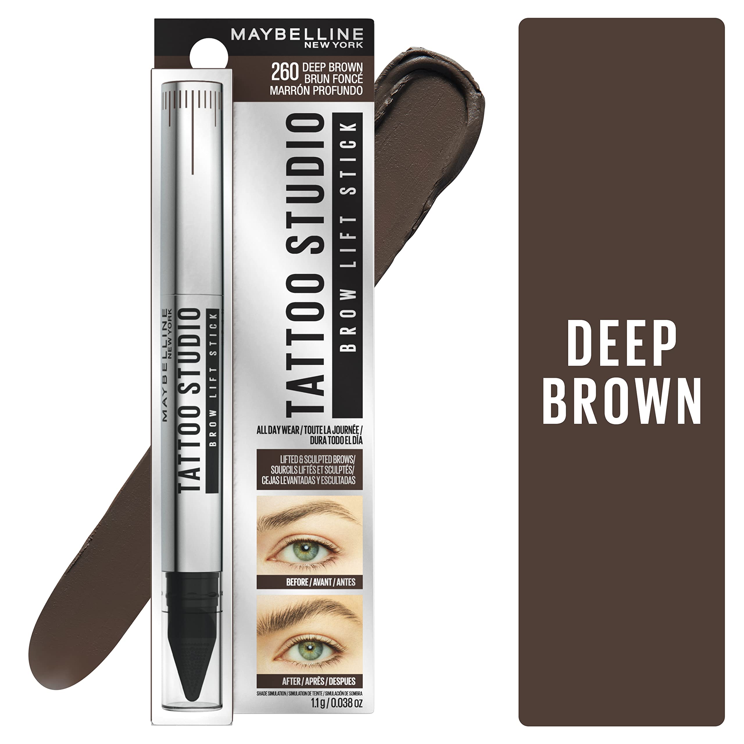 Maybelline brow lift stick close-up wax tip showing texture and smooth application benefit