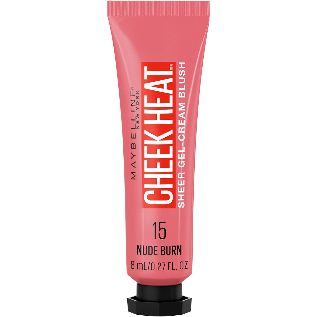 MAYBELLINE front tube of Cheek Heat in Nude Burn showing packaging and color payoff