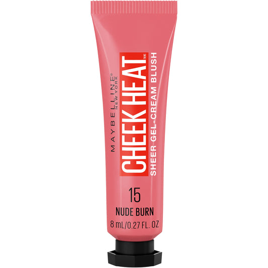 MAYBELLINE front tube of Cheek Heat in Nude Burn showing packaging and color payoff