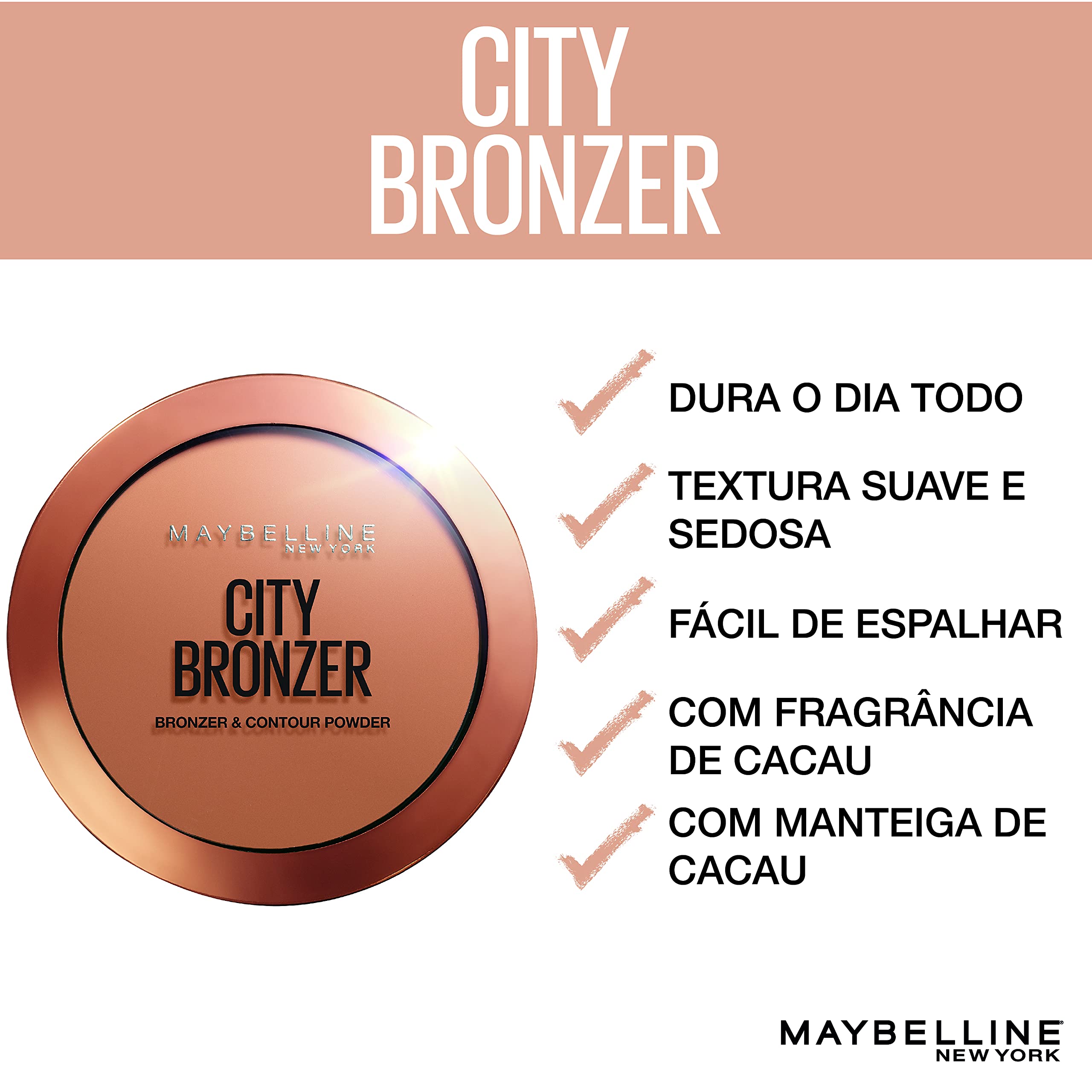 MAYBELLINE compact next to a coin displaying size and travel-friendly 0.32 oz capacity