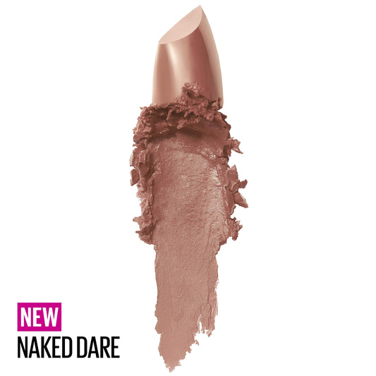 Maybelline lipstick opened showing bullet and finish, quick application benefit