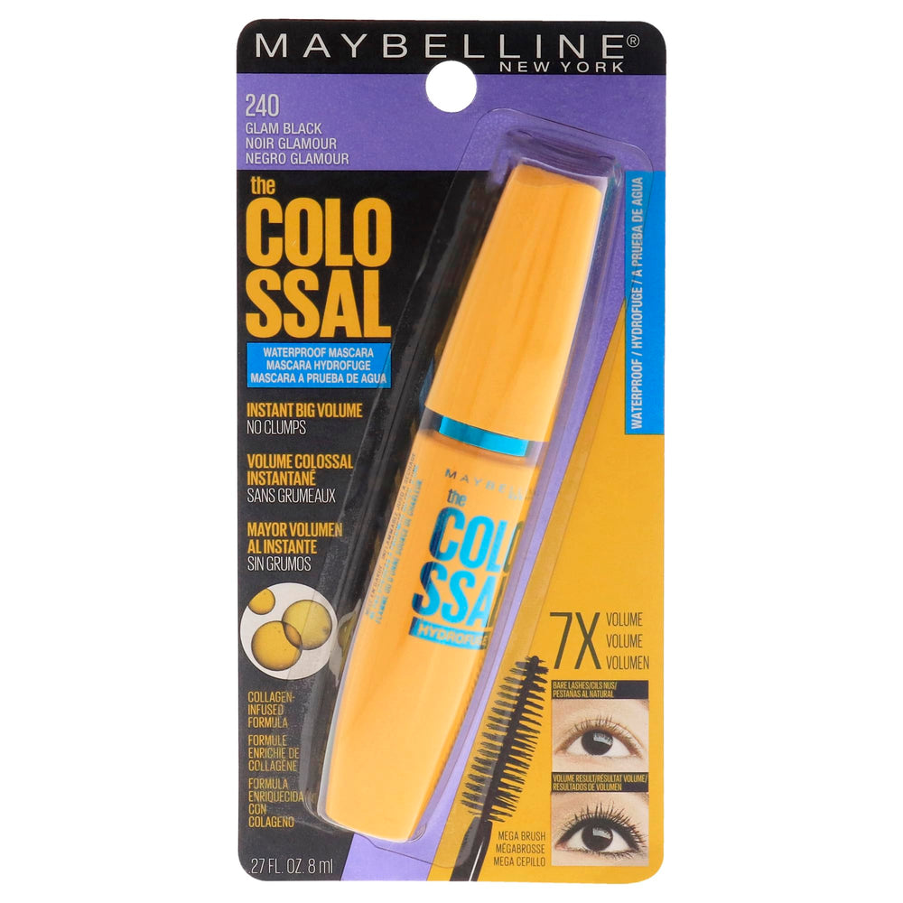 Maybelline Colossal front view showing tube and glam black shade benefit