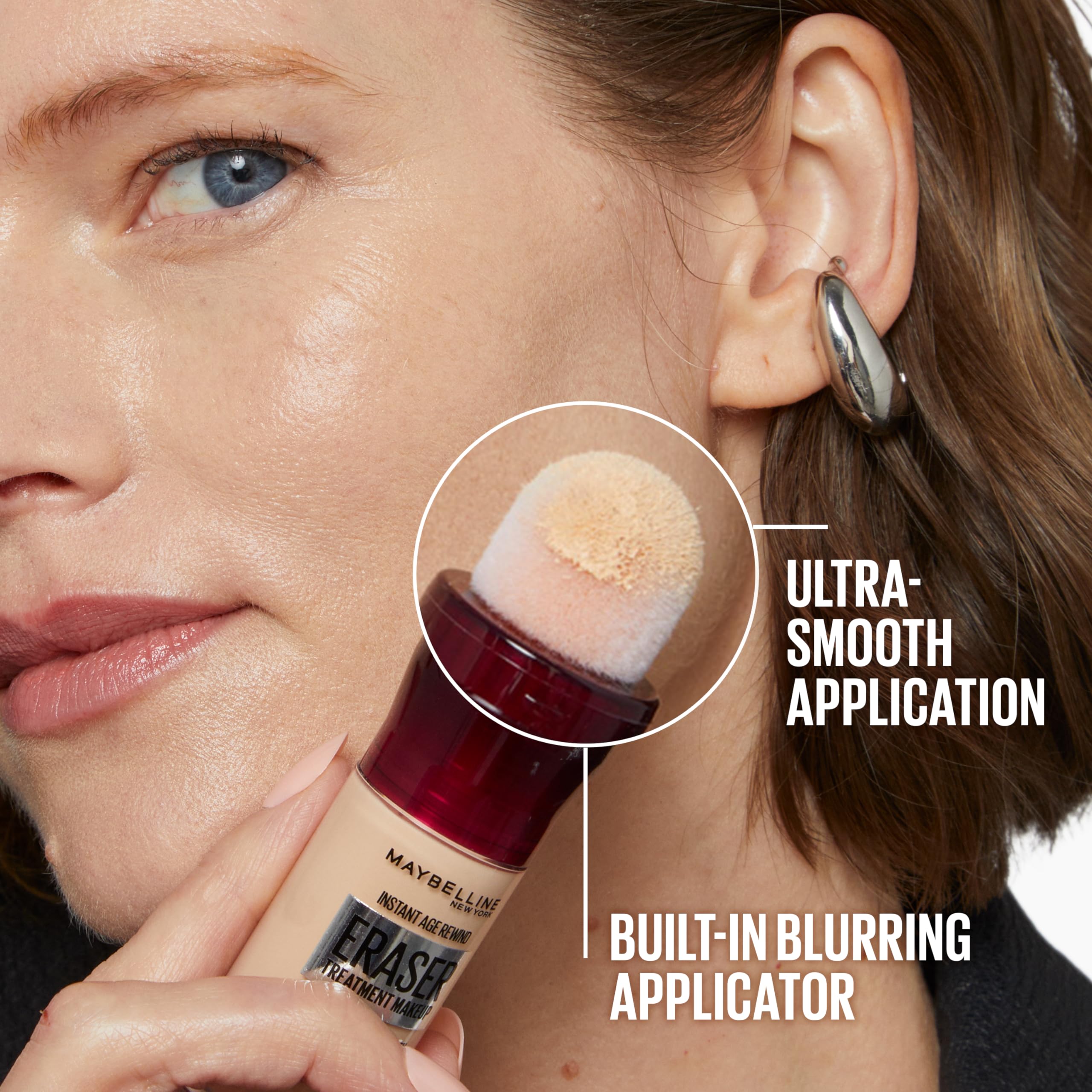 Maybelline bottle side label visible with SPF 20 and ingredient cues