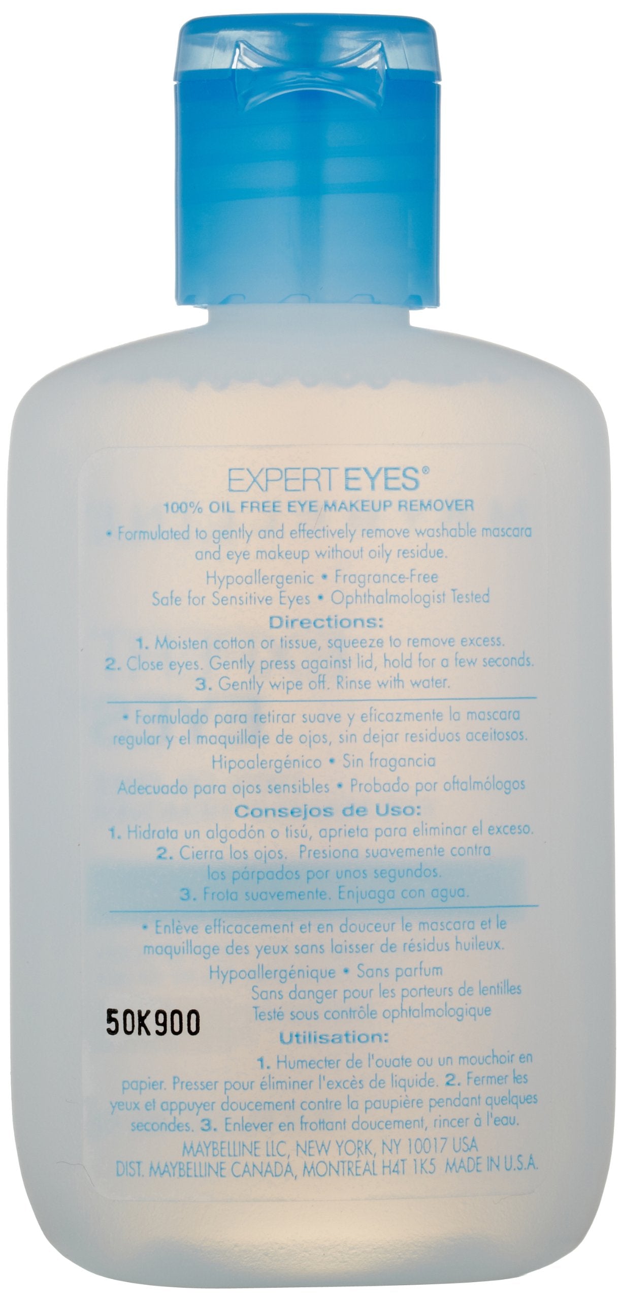 Maybelline remover pouring onto cotton pad close-up, showing clear oil-free texture