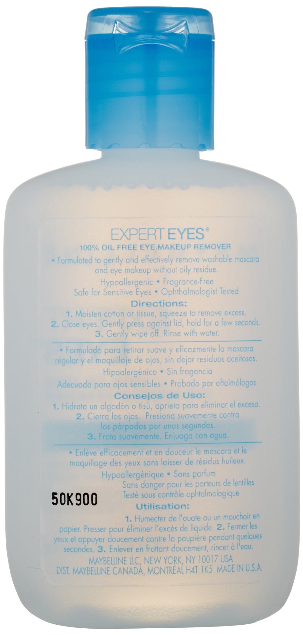 Maybelline remover pouring onto cotton pad close-up, showing clear oil-free texture