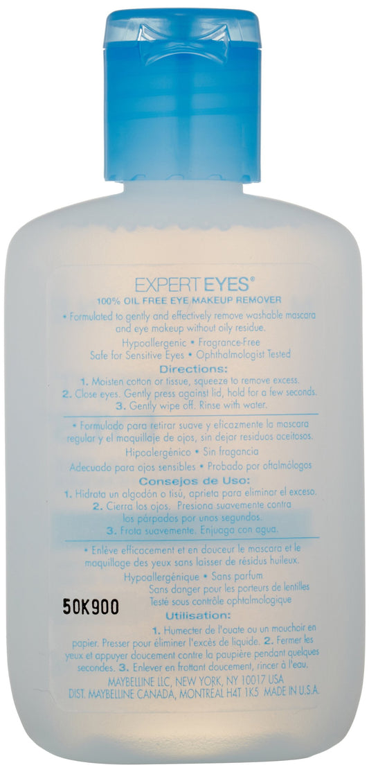 Maybelline remover pouring onto cotton pad close-up, showing clear oil-free texture