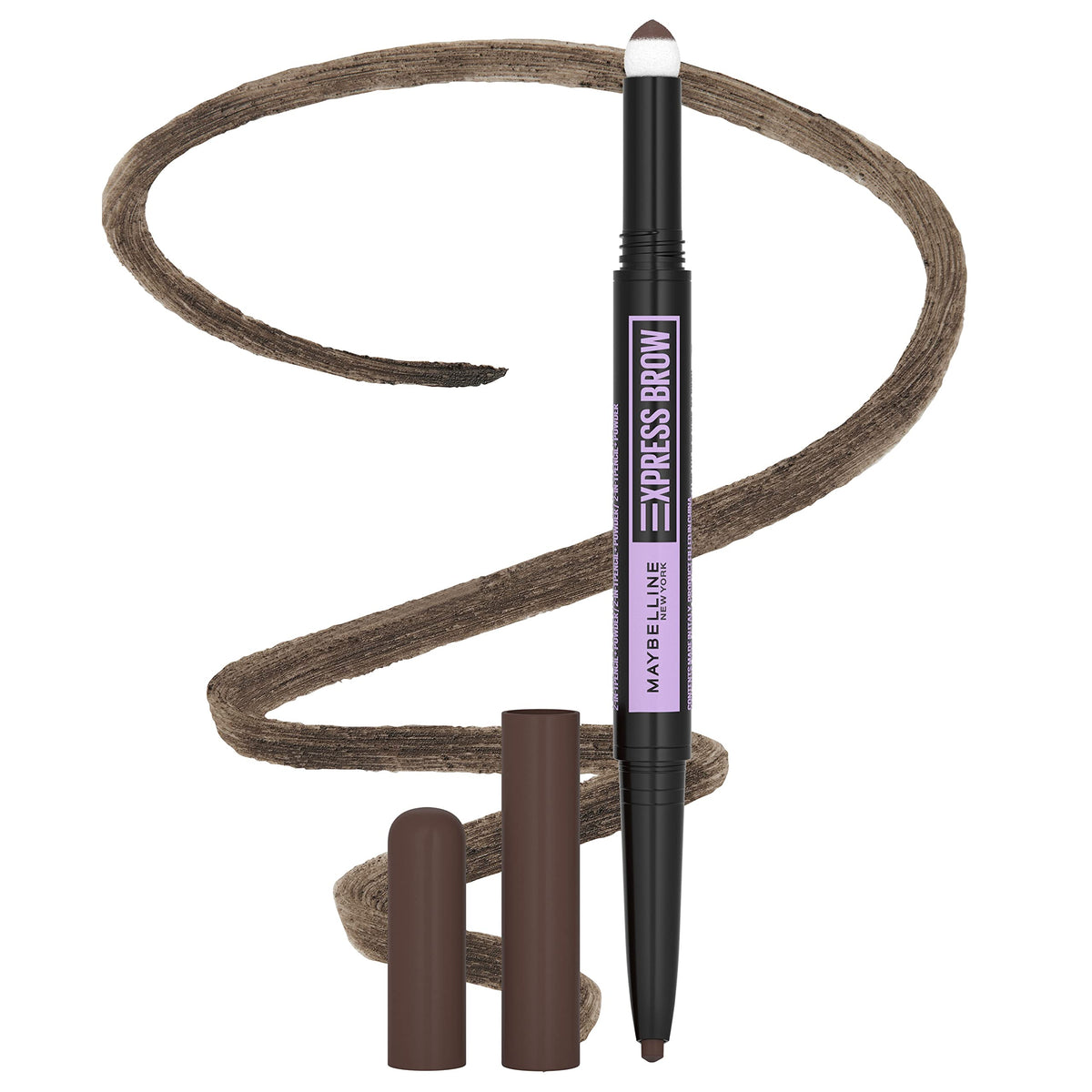 maybelline express brow front packaging shows tool and shade for quick fuller brows