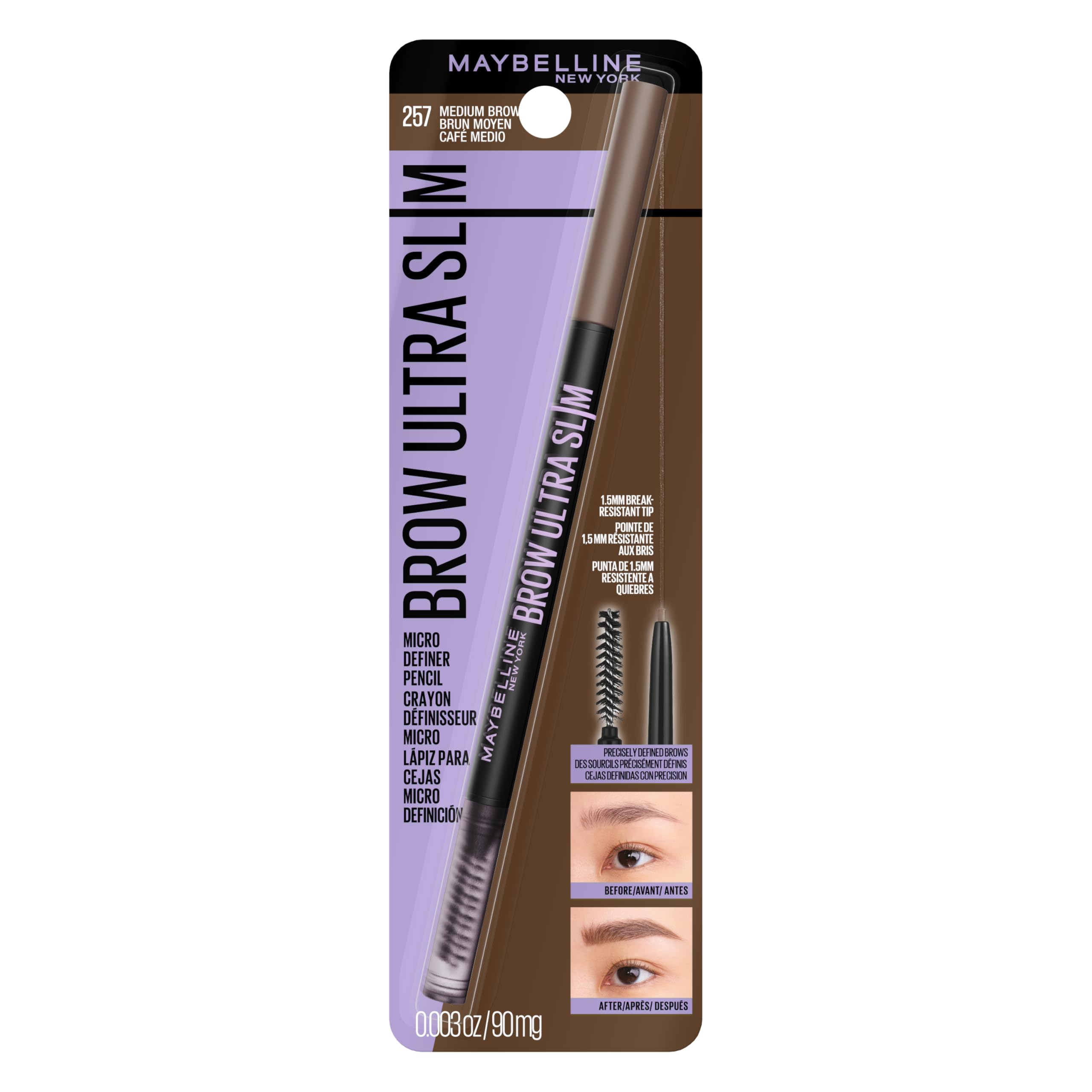 Maybelline front packaging showing product and shade medium brown benefit quick identification