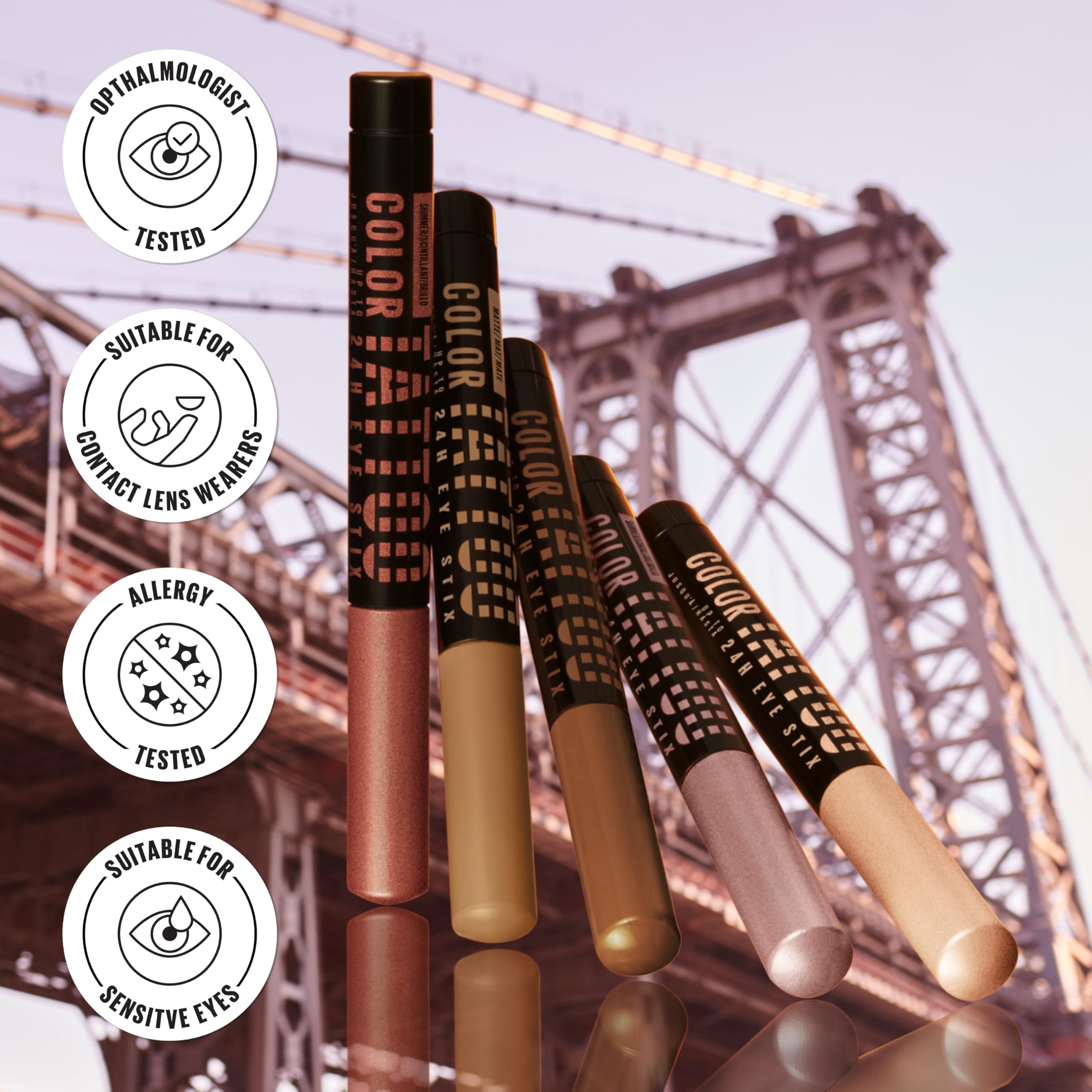 MAYBELLINE eye stix next to pencil showing size and portable design benefit