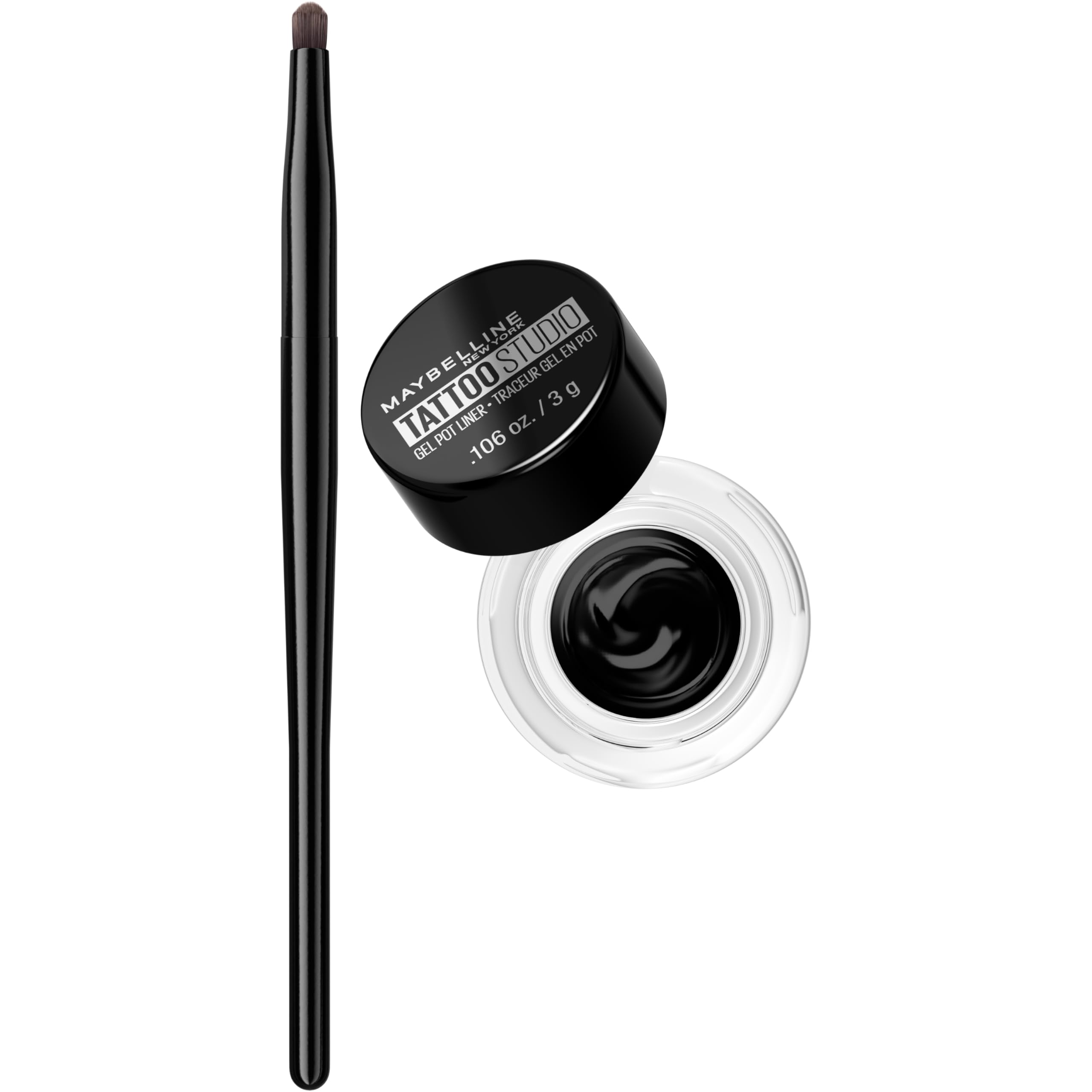 MAYBELLINE front view of gel eyeliner pot showing rich black shade and compact size benefit