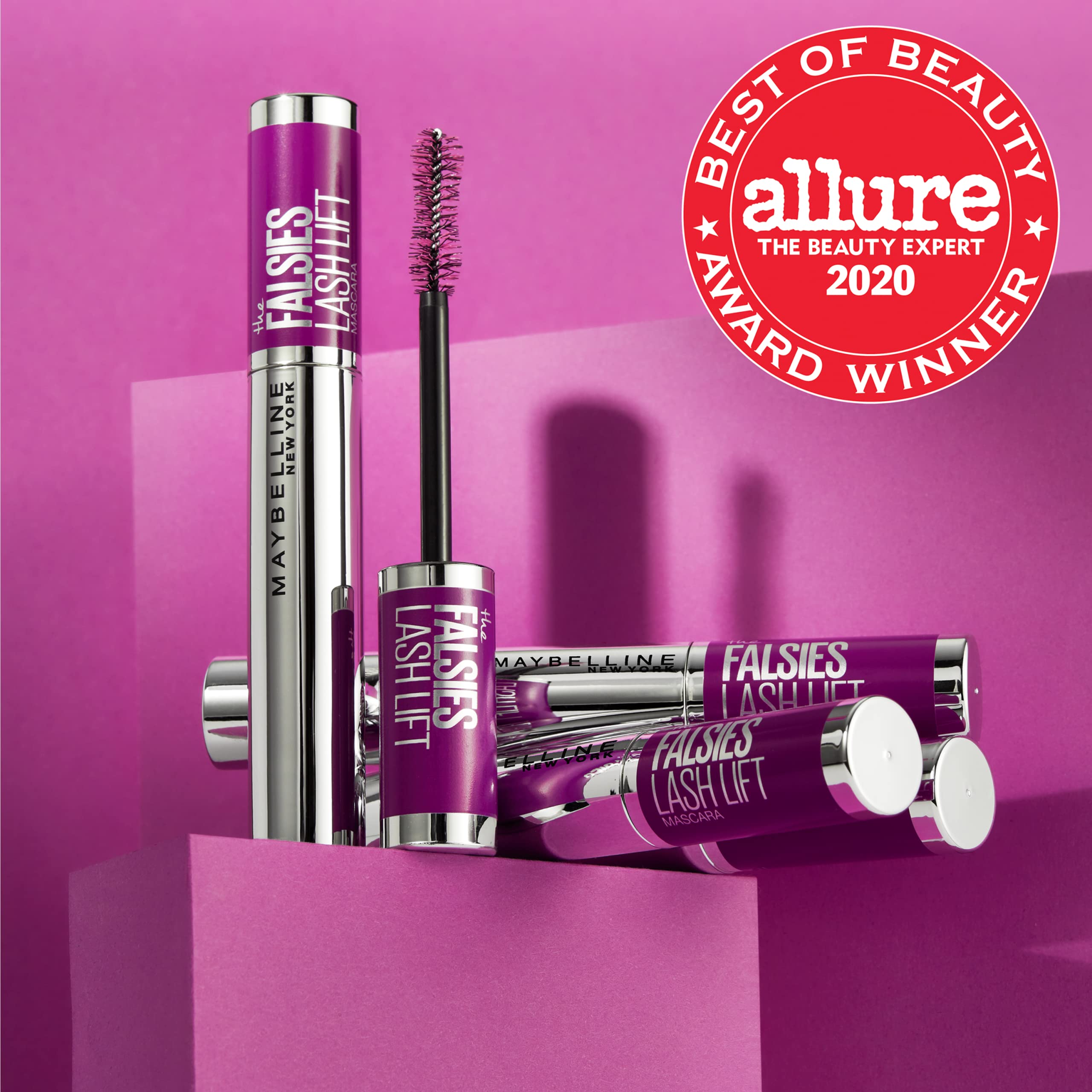 MAYBELLINE mascara applied to lashes demonstrating lifted curl and volume benefit
