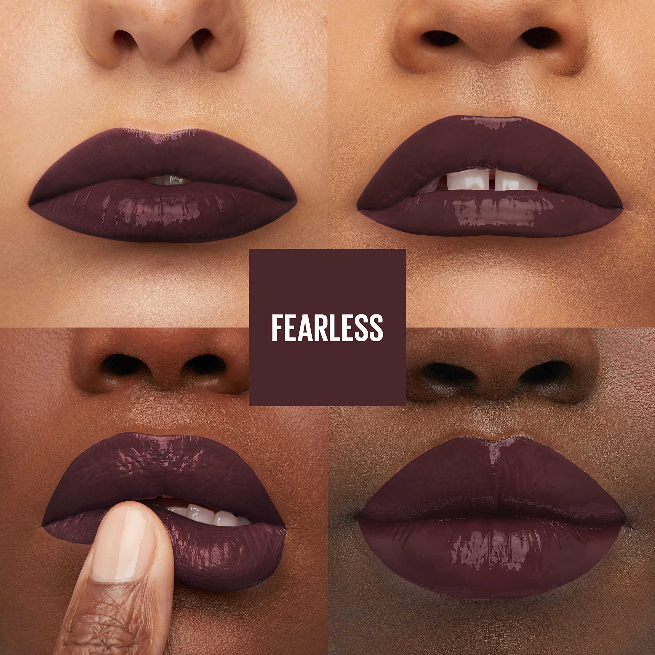 Maybelline Fearless swatch on arm displays rich brown pigment and glossy finish