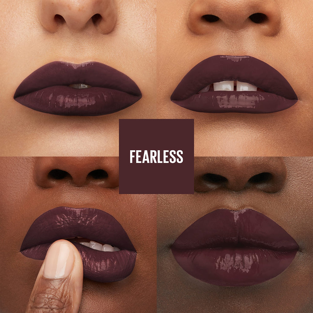Maybelline Fearless swatch on arm displays rich brown pigment and glossy finish