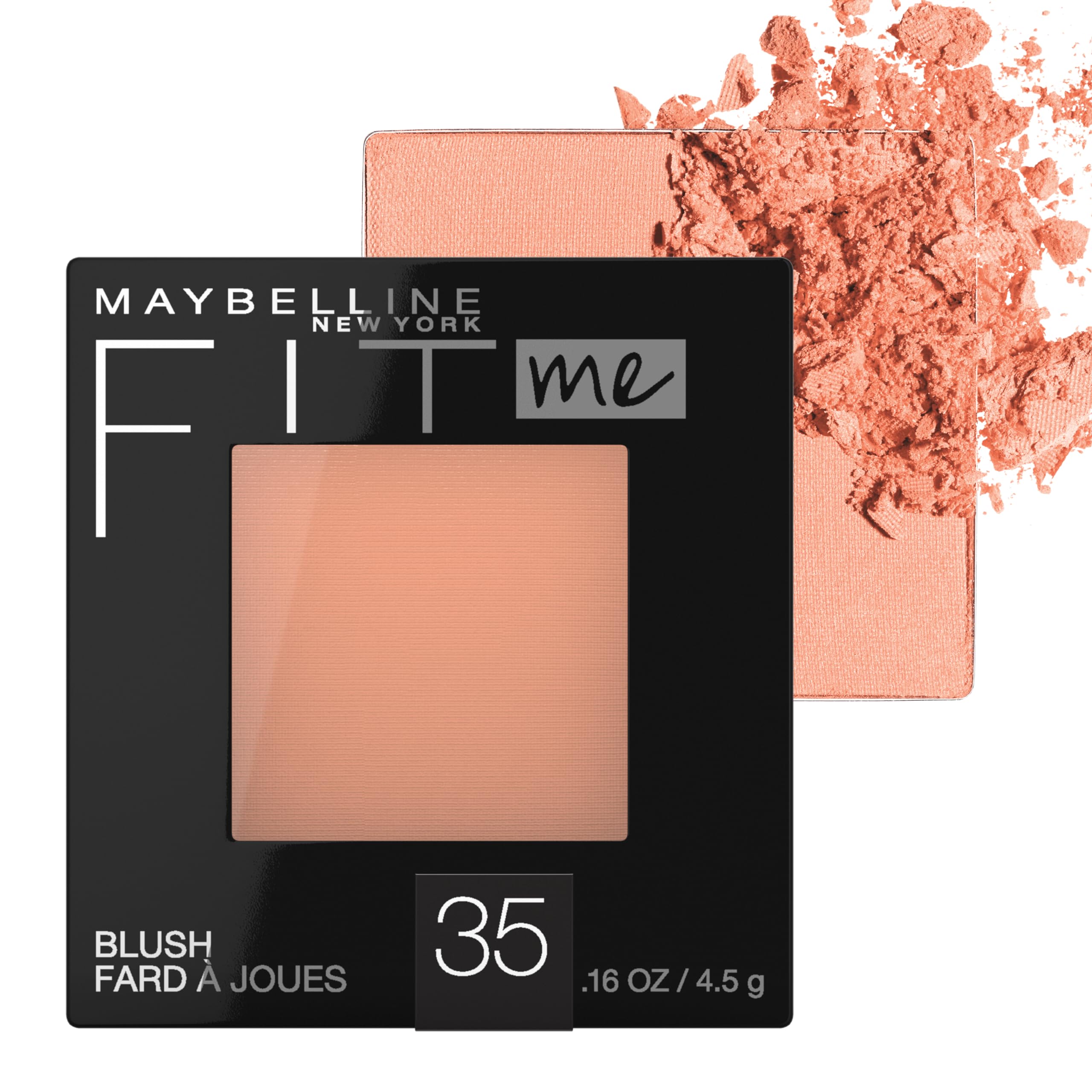 Maybelline compact front view showing coral shade and portable design benefit