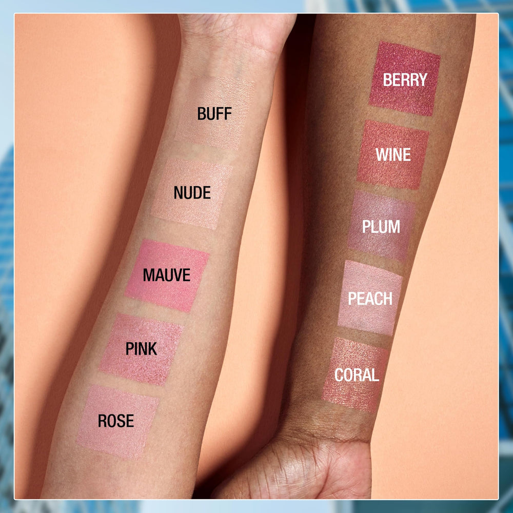Maybelline blush held in hand demonstrating compact size and travel-ready benefit