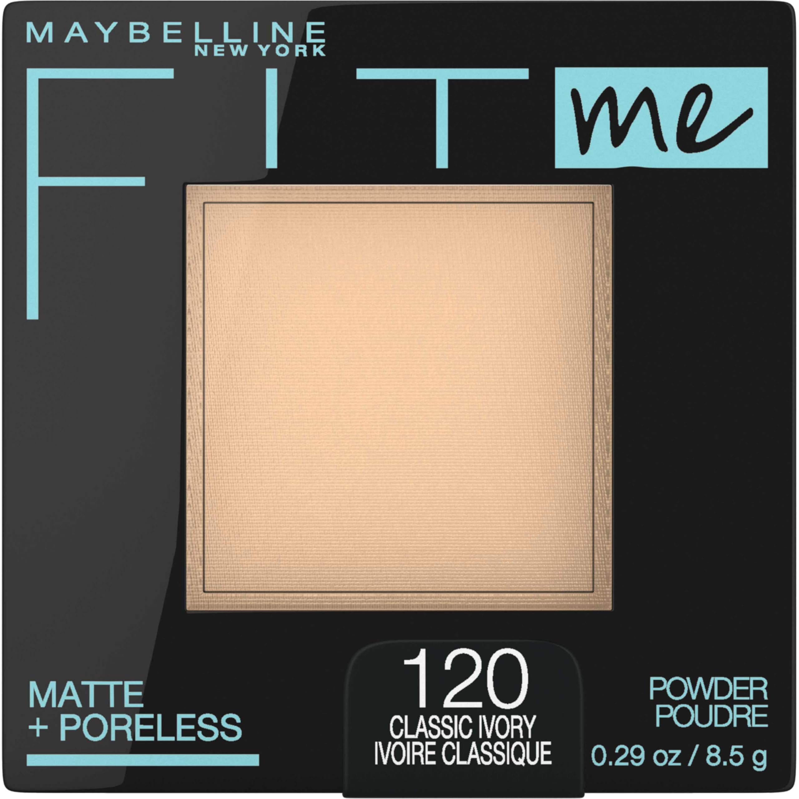 Maybelline Fit Me front compact showing shade Classic Ivory and compact design benefit