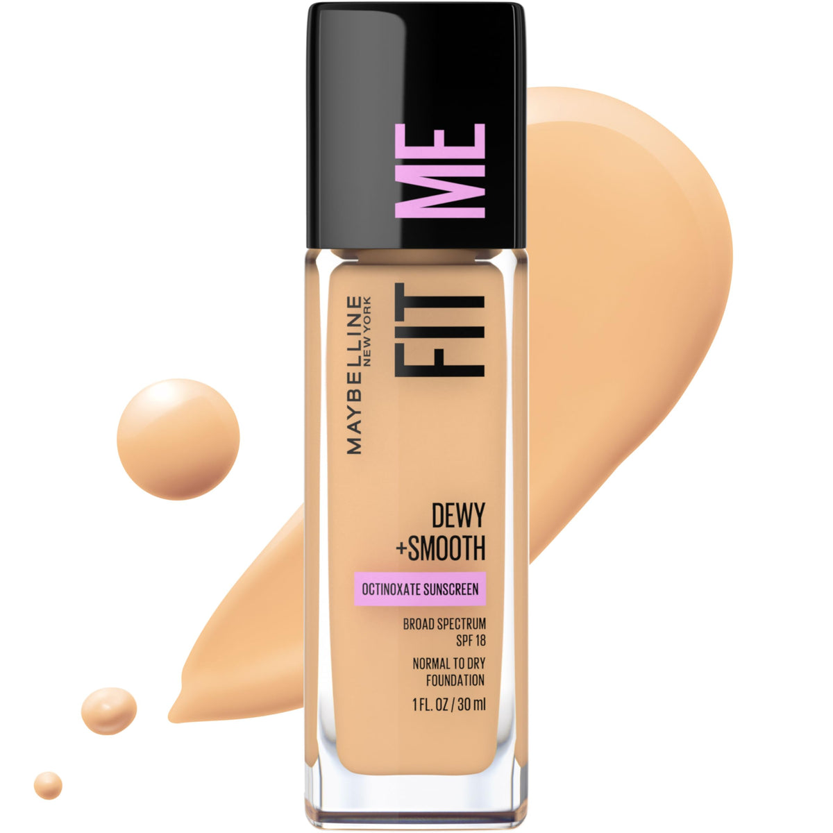 Maybelline bottle front view showing label and shade, highlights brand reliability