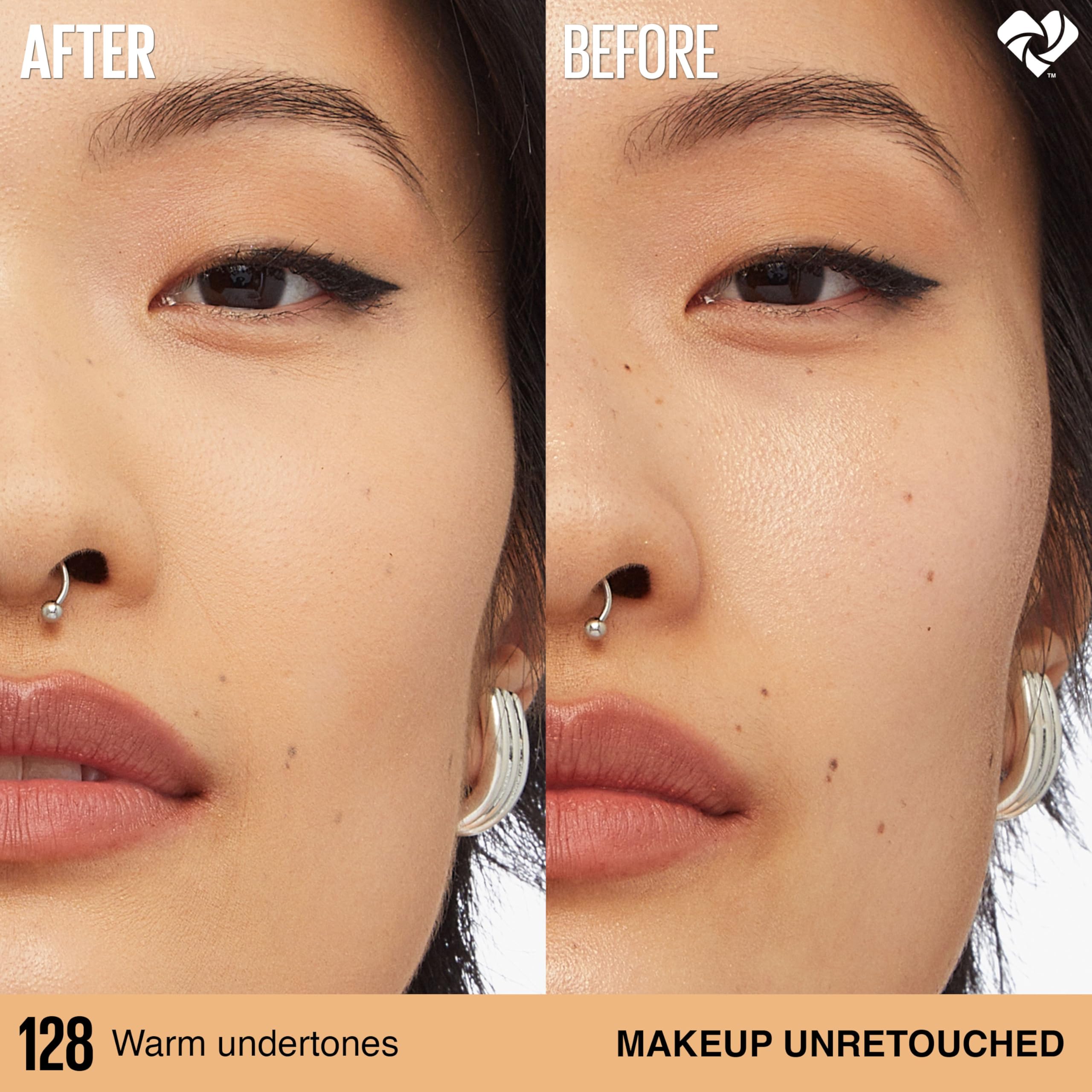 Maybelline foundation blended on half face showing natural luminous matte benefit