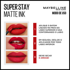 Maybelline Founder on lips in use delivering bold cranberry color and confident look