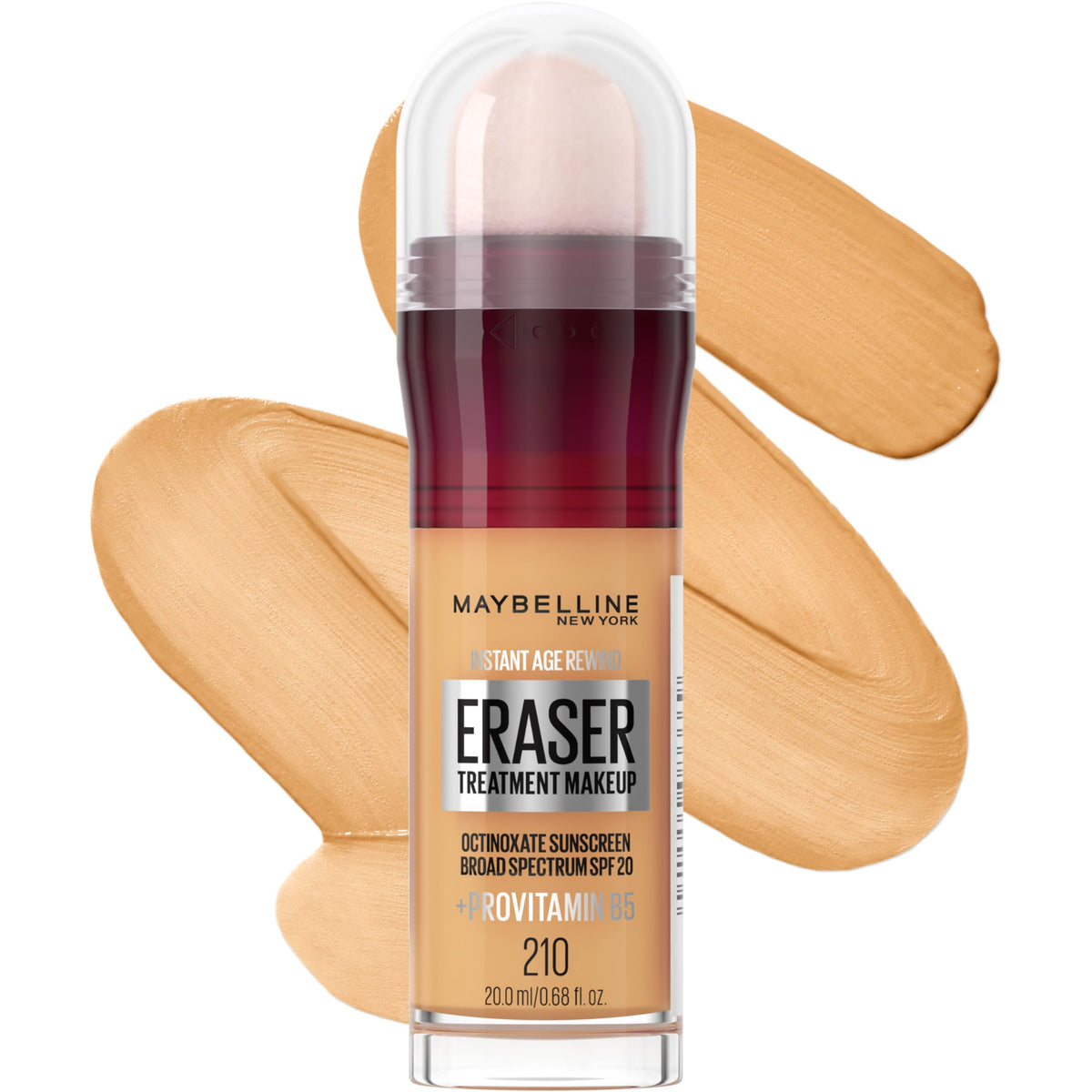 Maybelline front packaging of Instant Age Rewind foundation 210 showing product benefits