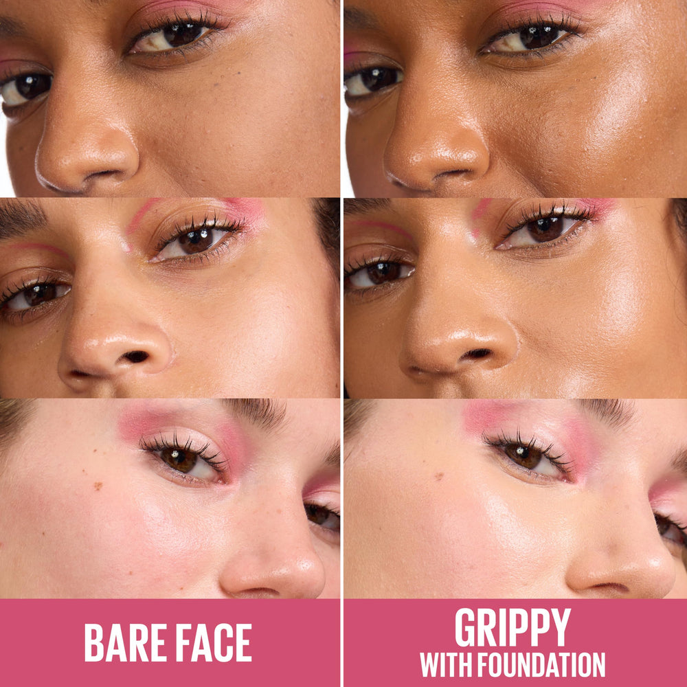 Maybelline Grippy Serum Primer dropper dispensing a clear drop demonstrating precise application and low waste