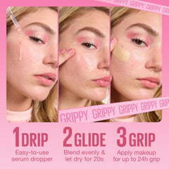 Maybelline Grippy Serum Primer held in hand to show size and travel-friendly scale for daily routines