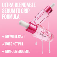 Maybelline Grippy Serum Primer beside foundation and brushes in flatlay suggesting compatibility with makeup products