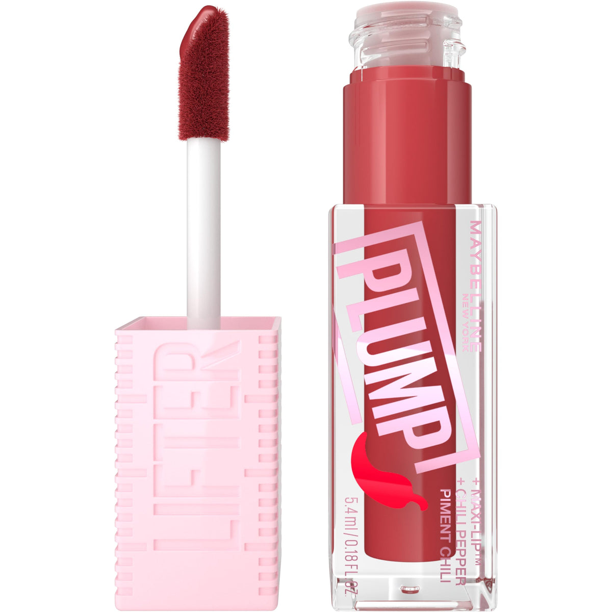 MAYBELLINE front packaging showing Hot Chili terracotta-red gloss and benefit of instant plump