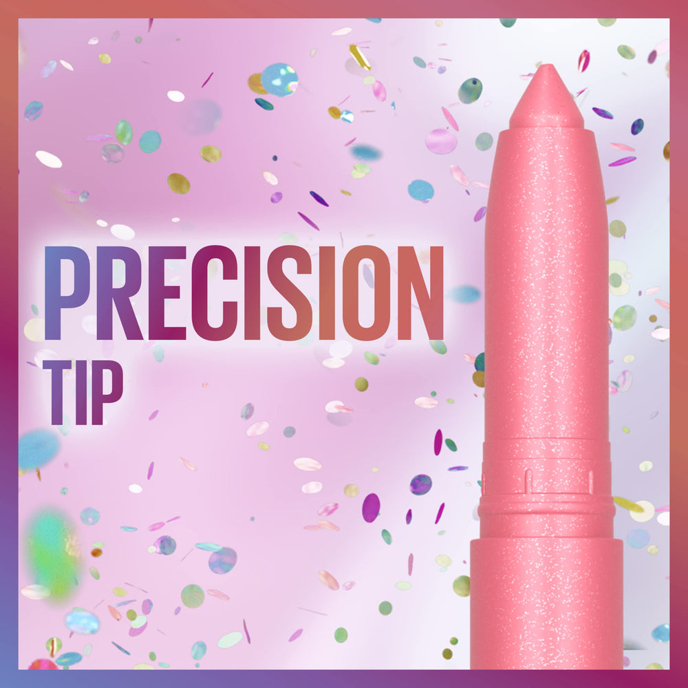MAYBELLINE crayon next to hand showing compact 0.04 oz size for portability