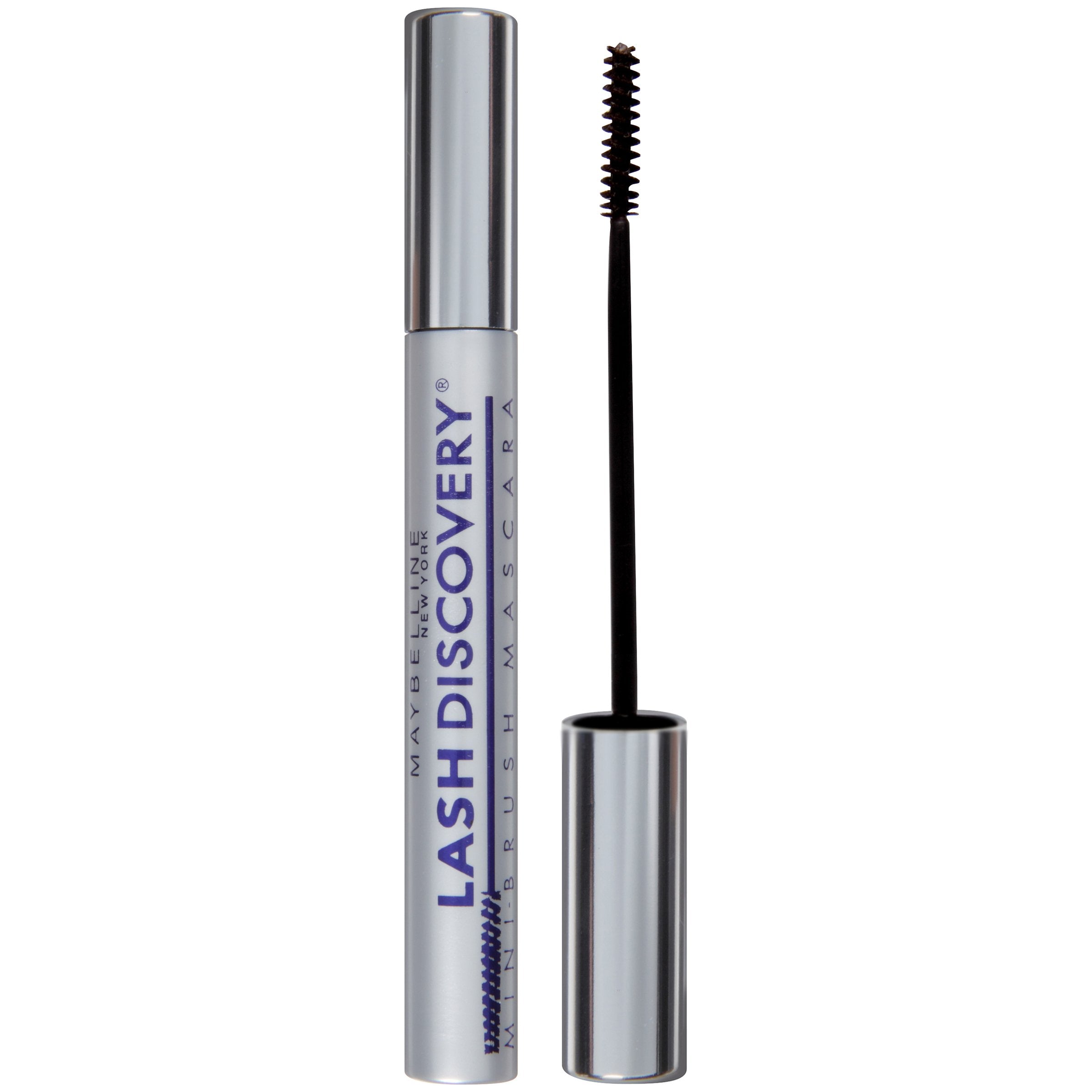 MAYBELLINE front tube of Lash Discovery Very Black showing compact size and clear branding, perfect for travel
