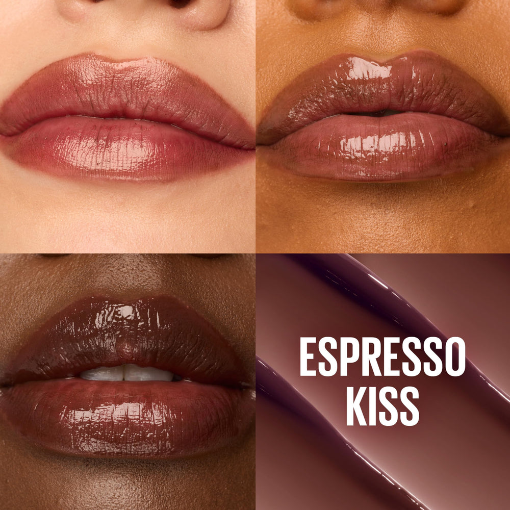 Maybelline texture close-up showing glossy balm swirl and moisturizing sheen