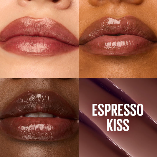 Maybelline texture close-up showing glossy balm swirl and moisturizing sheen