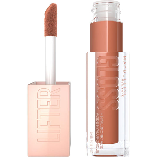 Maybelline Lifter Gloss front packaging showing shade Toffee and glossy finish benefit