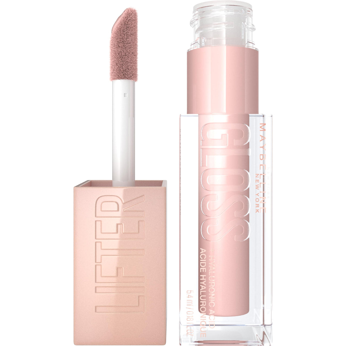 maybelline lifter gloss front tube showing shade Ice and glossy finish benefit