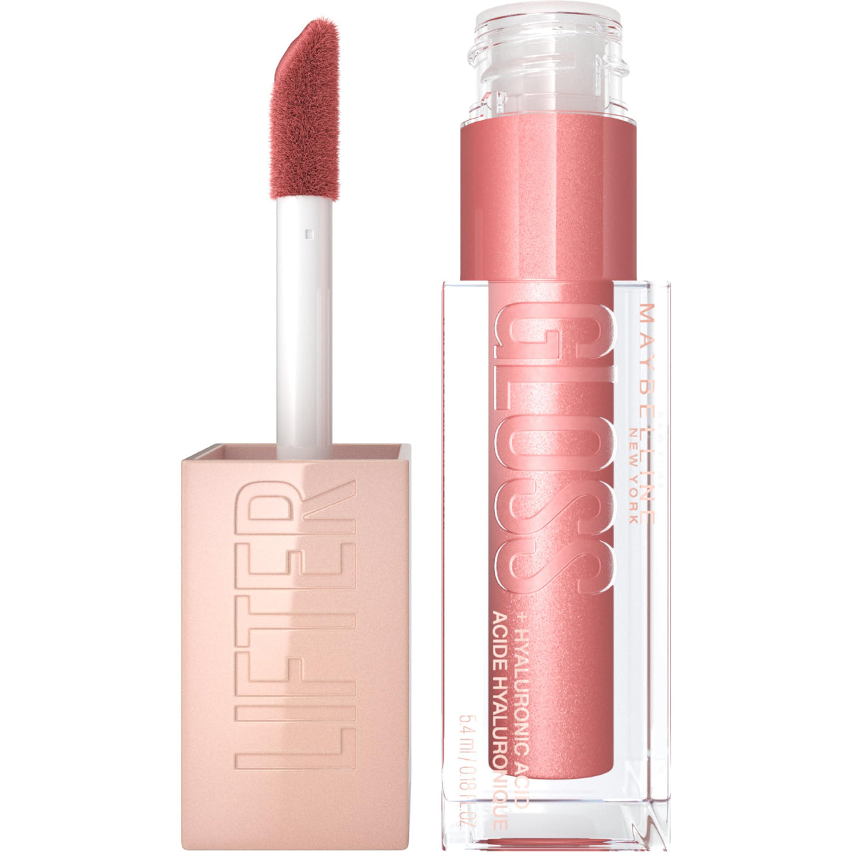 Maybelline Lifter Gloss Moon front packaging showing glossy nude-pink shade and hyaluronic benefit