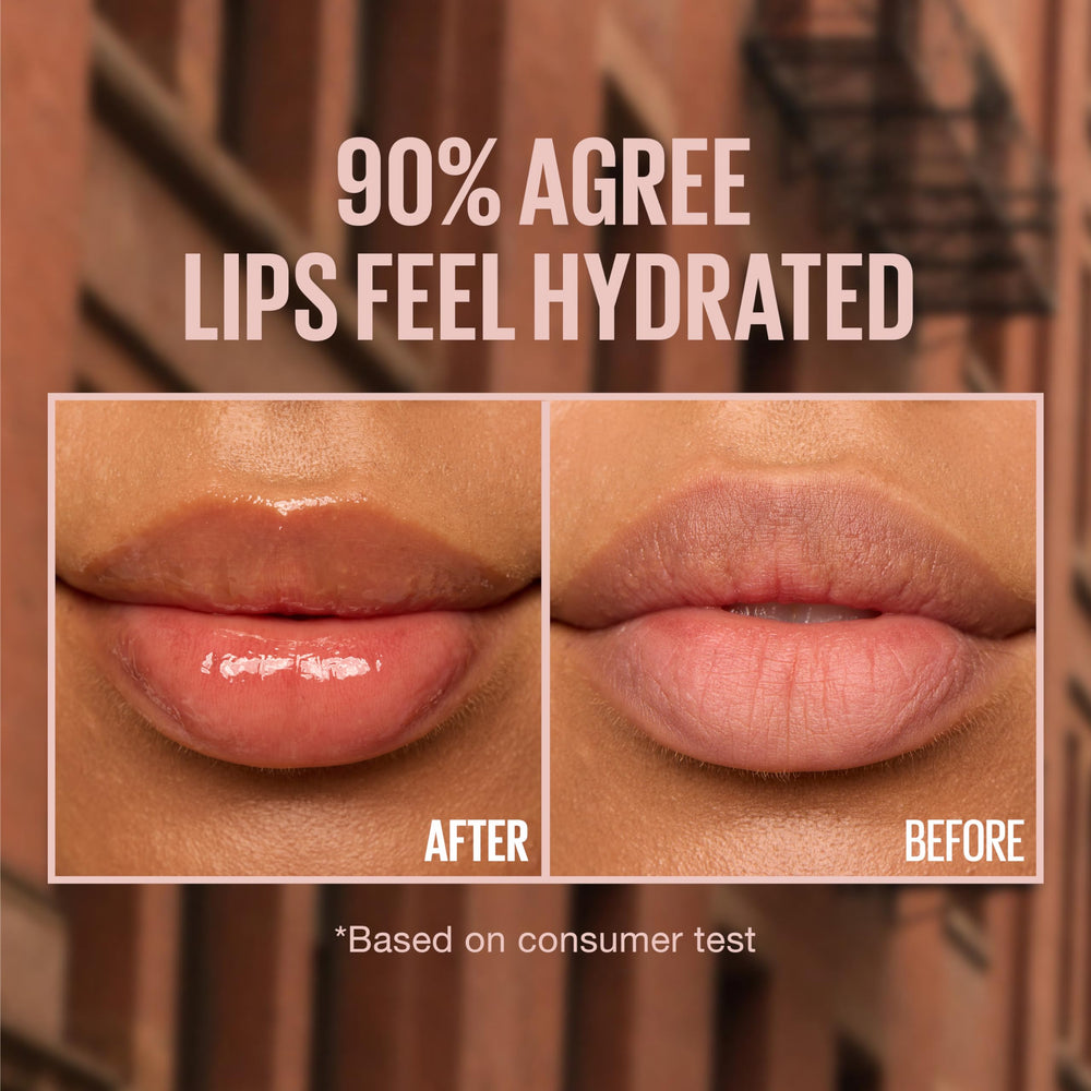 Maybelline Lifter Gloss on model lips showing sheer milky-brown color and plumper look benefit