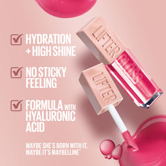 Maybelline gloss texture on applicator showing hyaluronic formula for hydrated look
