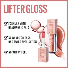 Maybelline Lifter Gloss product texture close-up showcasing hydrating finish benefit