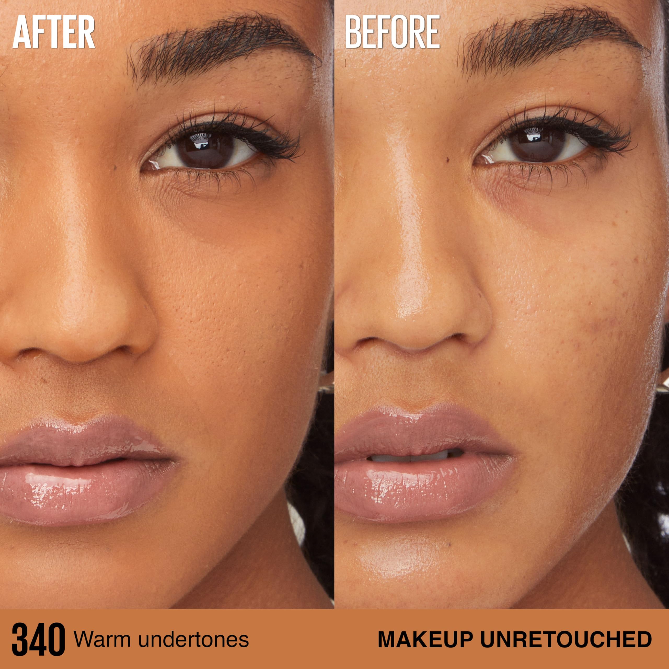Maybelline before and after face, shows buildable full coverage benefit