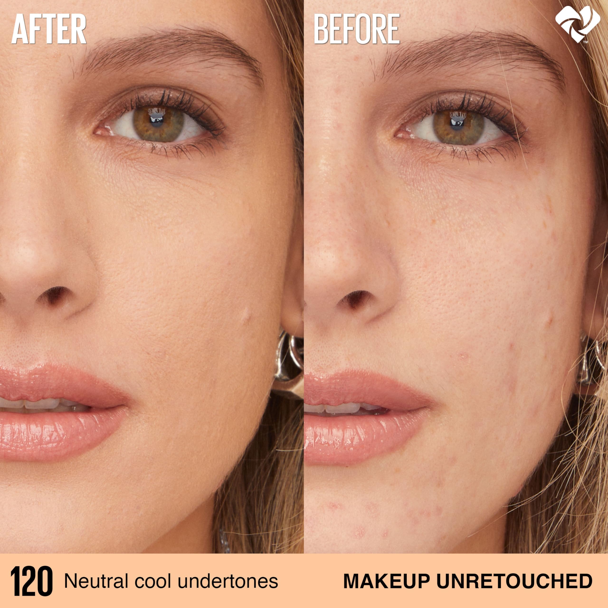 MAYBELLINE before-and-after coverage comparison showing buildable full coverage