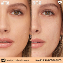 MAYBELLINE before-and-after coverage comparison showing buildable full coverage