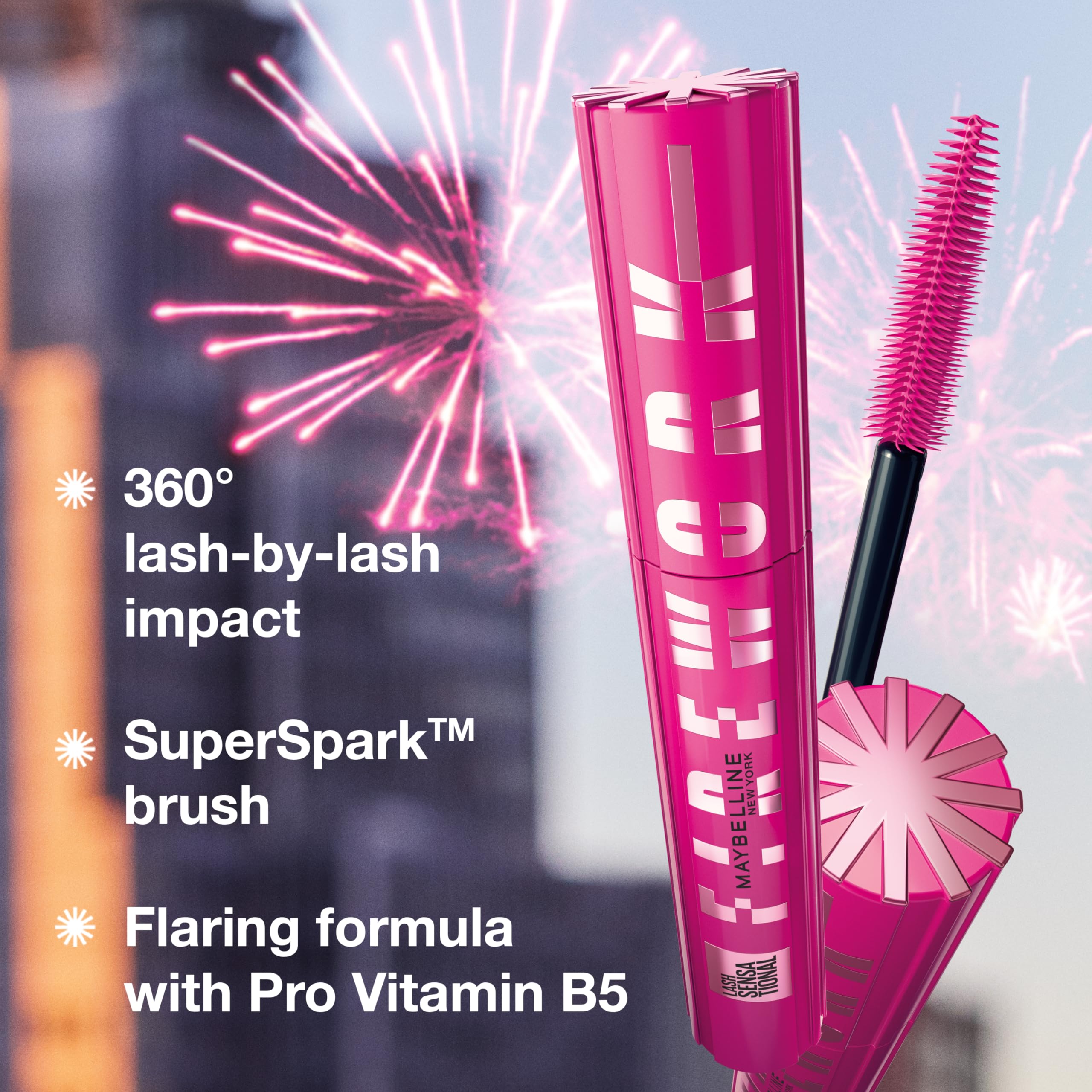 MAYBELLINE mascara on lashes showing length and fan for dramatic definition