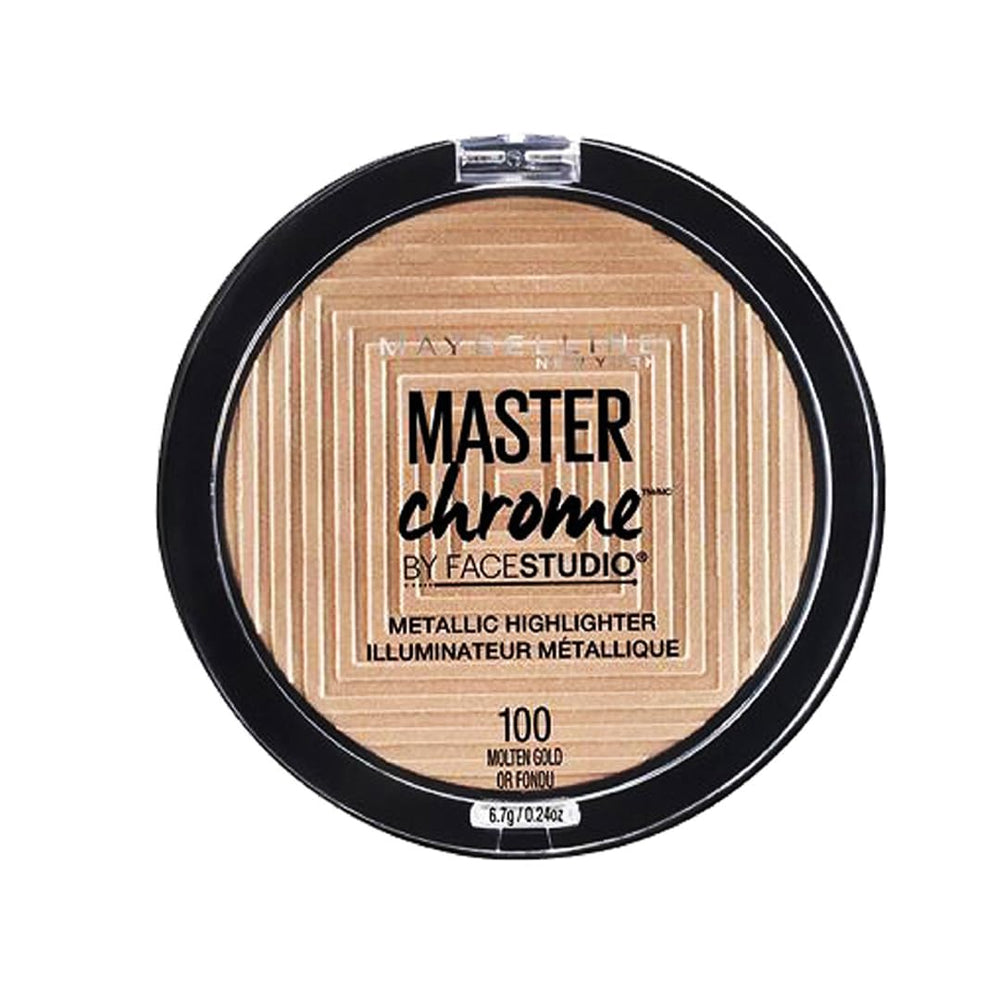 Maybelline Master Chrome front pan showing molten gold finish and travel-ready benefit