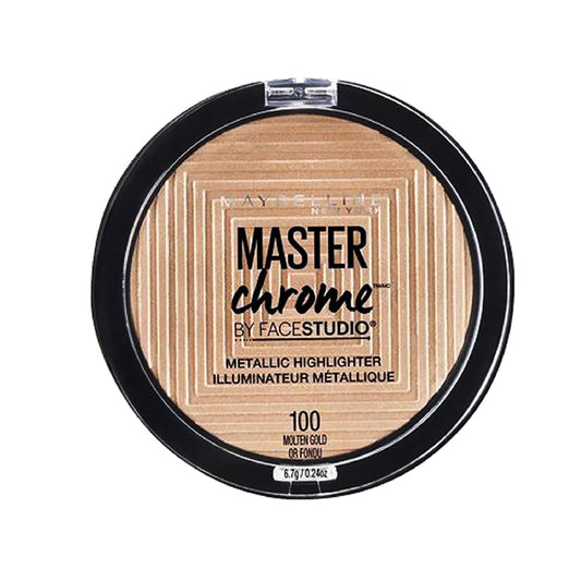 Maybelline Master Chrome front pan showing molten gold finish and travel-ready benefit
