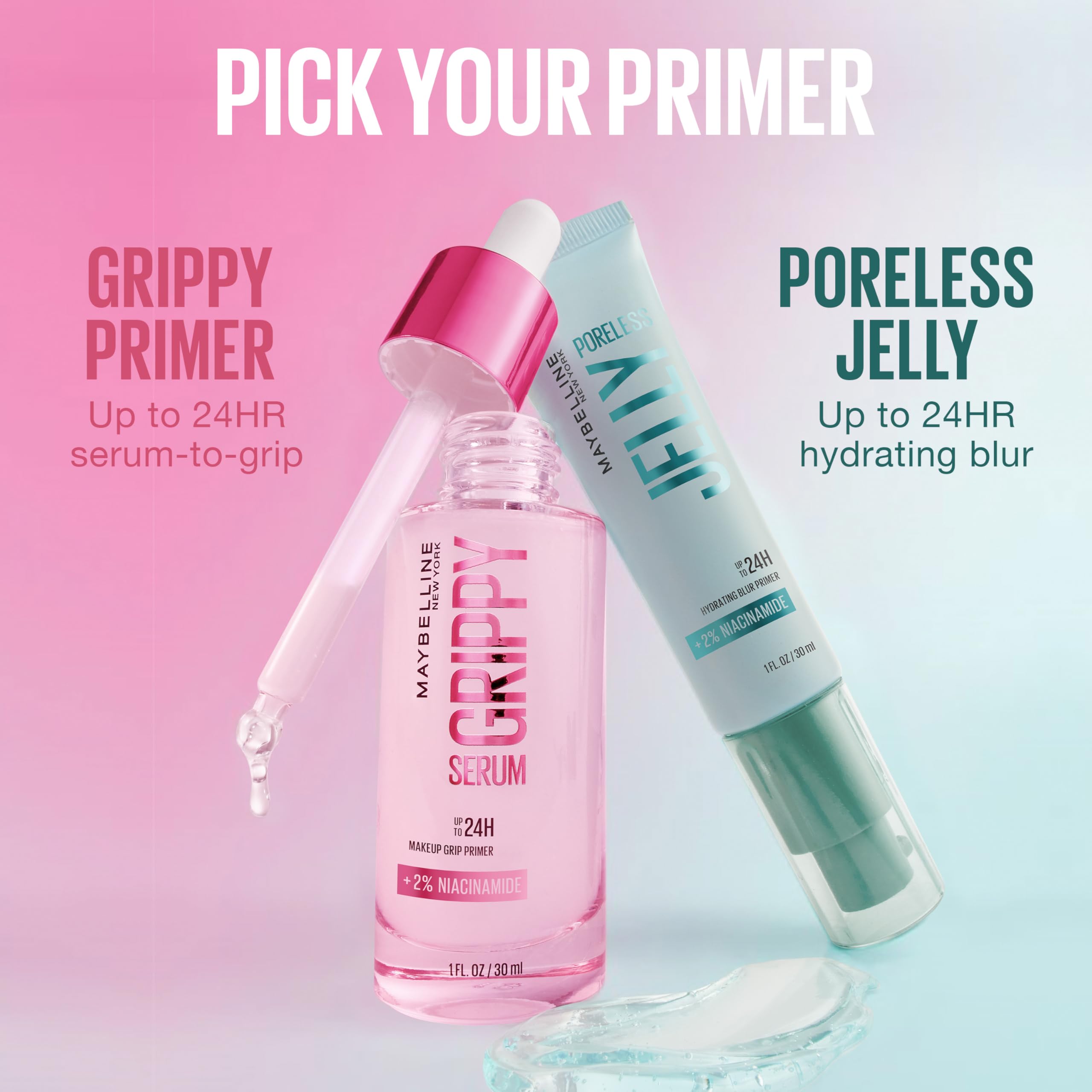 Maybelline primer on bathroom vanity styled with skincare for fresh morning routine benefit