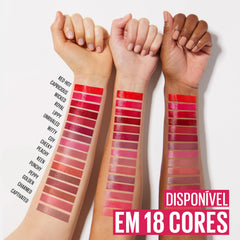 MAYBELLINE product applied on model showing longwear glossy benefit